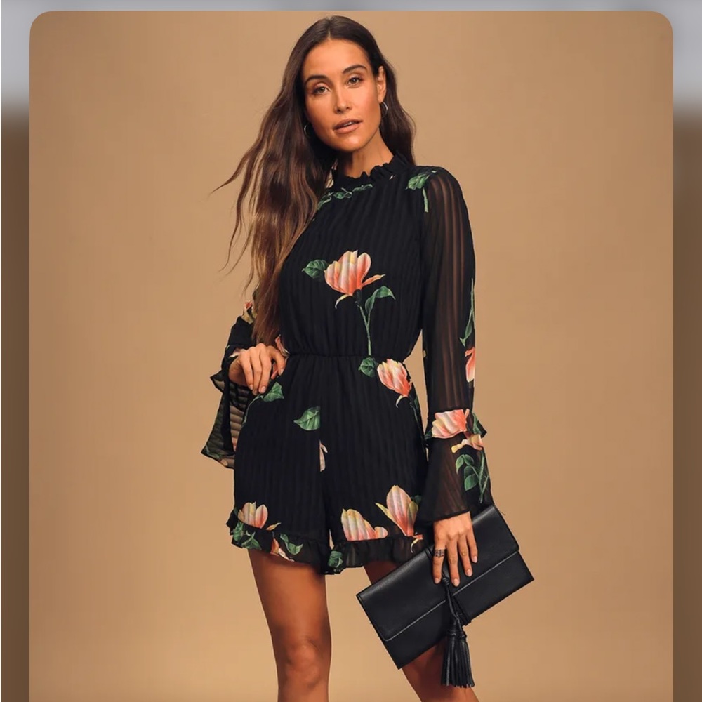 Black Floral Print Long Sleeve Cutout Romper by Lulus